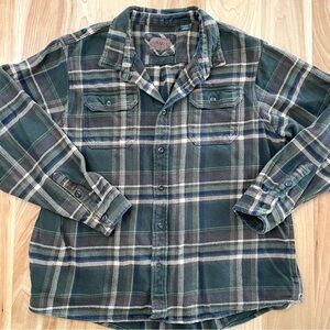 Orvis Men’s XXL Heavyweight Green Plaid Flannel Button Up Shirt Shacket Hiking